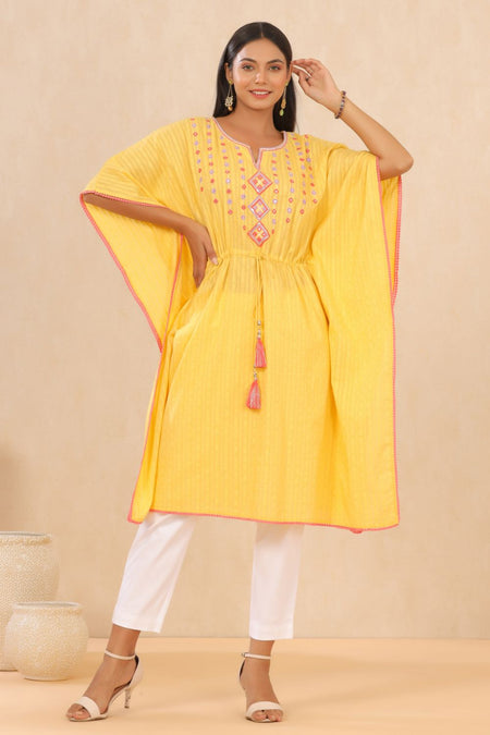 Juniper Womens Yellow Cotton Dobby Embroiderd Kaftan Kurta