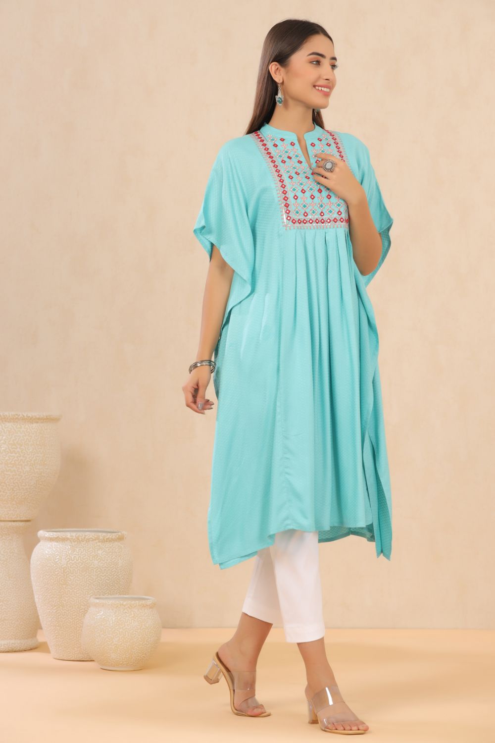 Juniper Womens Skyblue Embroiderd Rayon Dobby Kaftan - Distacart