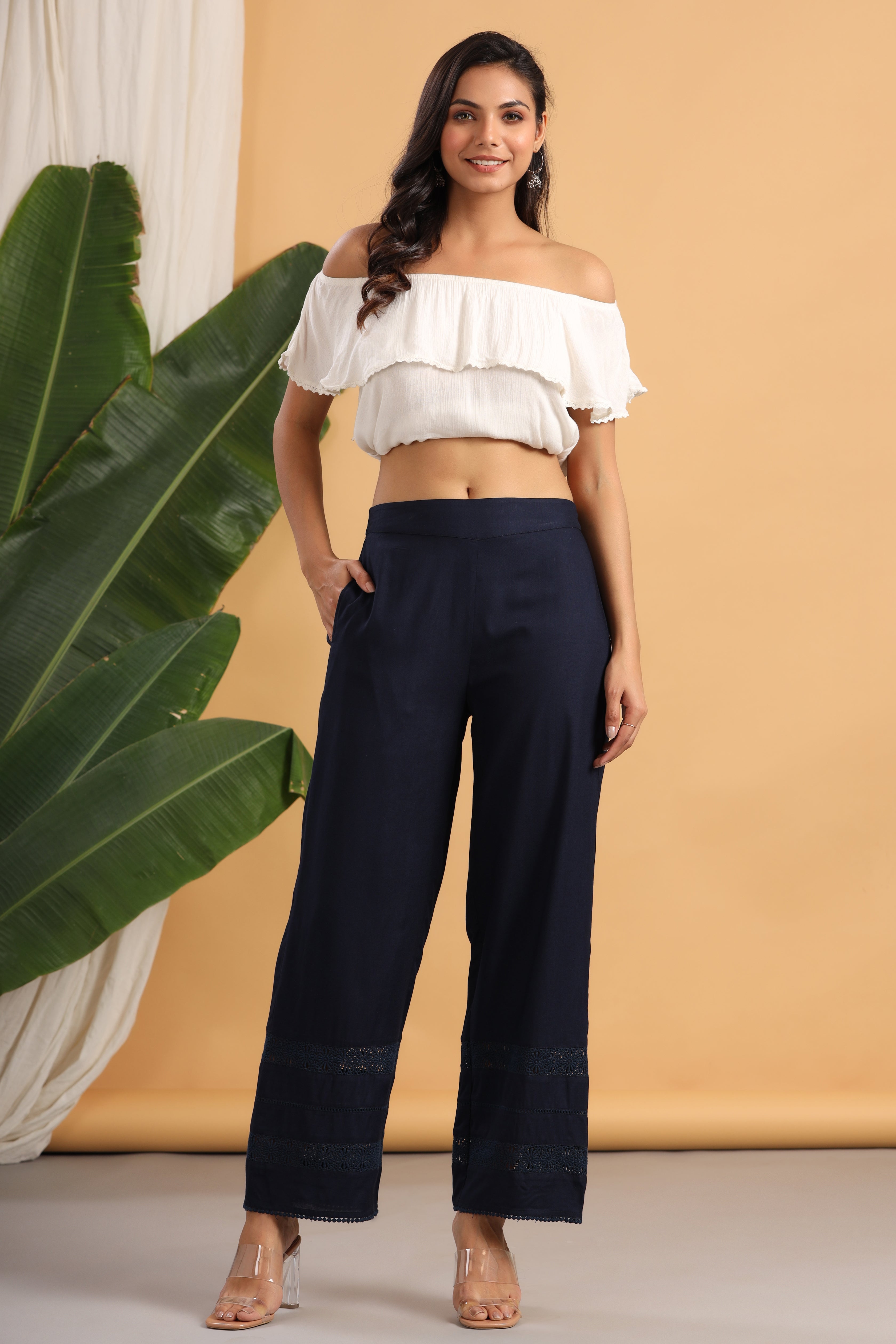 Juniper Navy Blue Solid Rayon Flared Ankle-Length Palazzo - Distacart