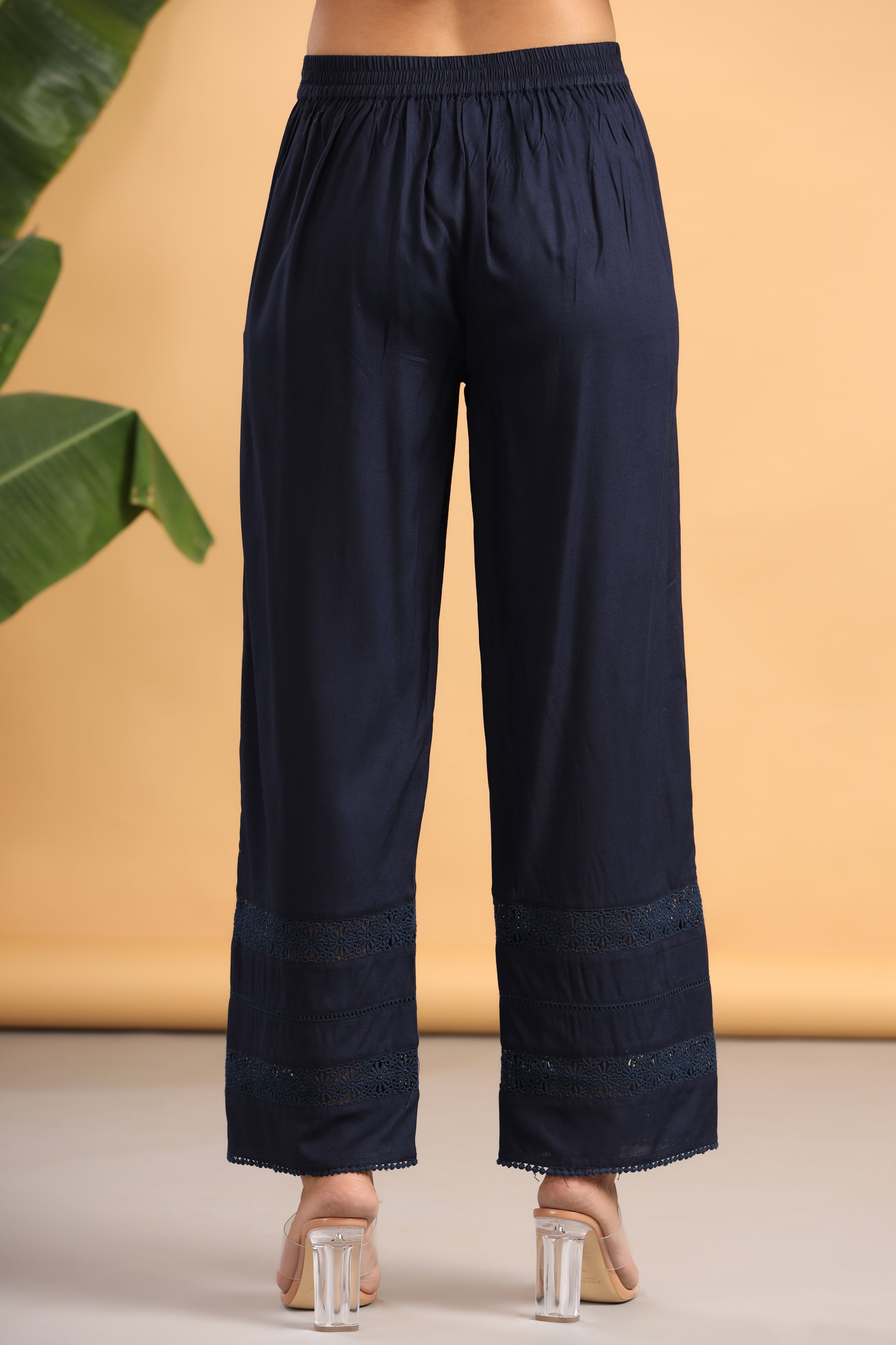 Juniper Navy Blue Solid Rayon Flared Ankle-Length Palazzo - Distacart
