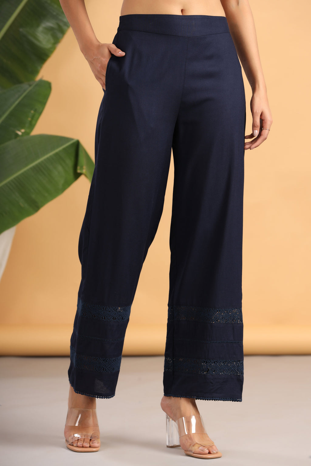 Juniper Navy Blue Solid Rayon Flared Ankle-Length Palazzo - Distacart