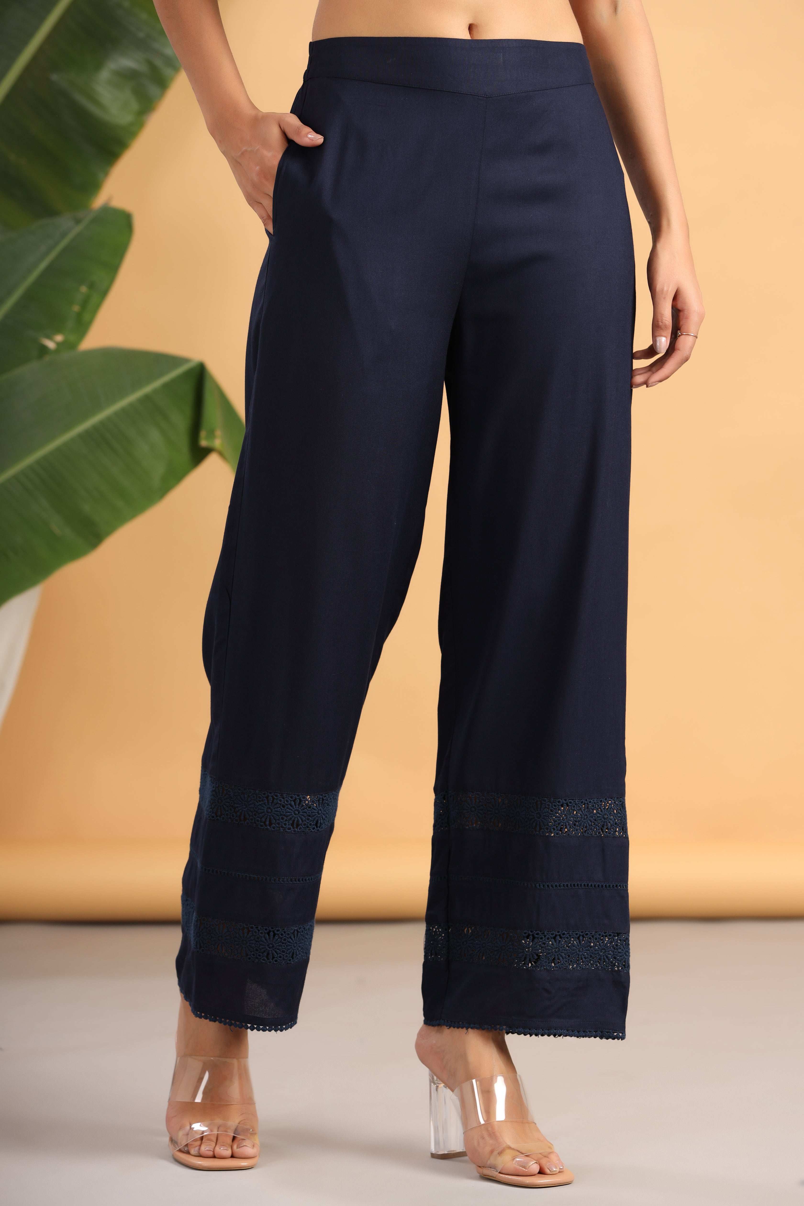 Juniper Navy Blue Solid Rayon Flared Ankle-Length Palazzo - Distacart