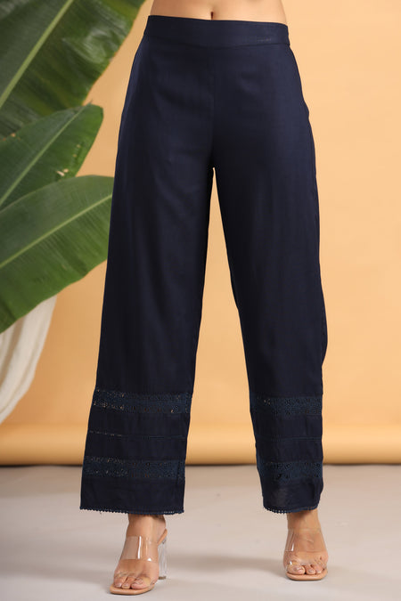 Juniper Navy Blue Solid Rayon Flared Ankle-Length Palazzo