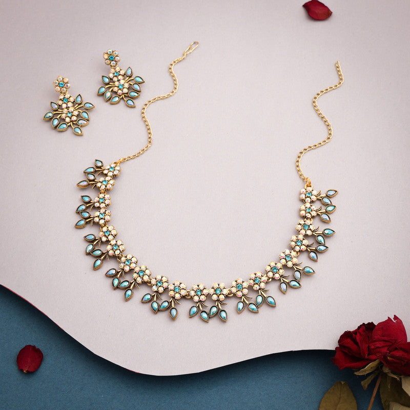 Tehzeeb Creations Gold-Polished Sky Blue Colour Choker With Dangle Earrings
