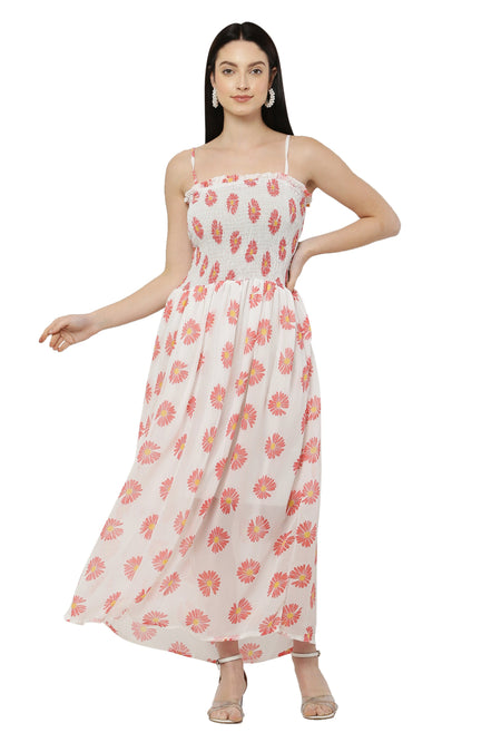 PAVONINE White Color Flower Printed Lace Bottom Dress For Women