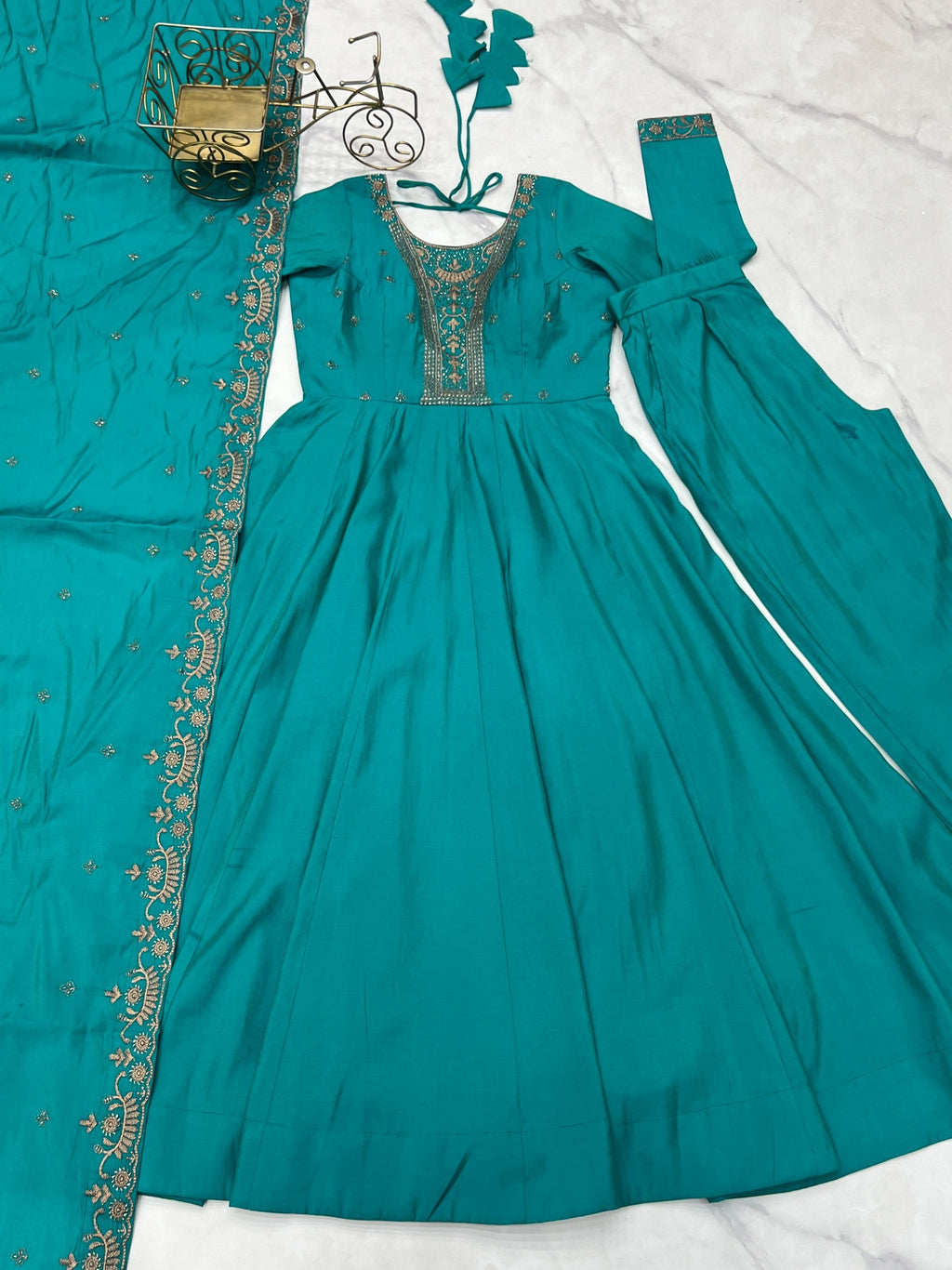Lorenvalley Fashion Rama Roman Shimmer Silk Yoke Fancy Handwork Beads Work Anarkali Gown Pant With Dupatta Set - Distacart