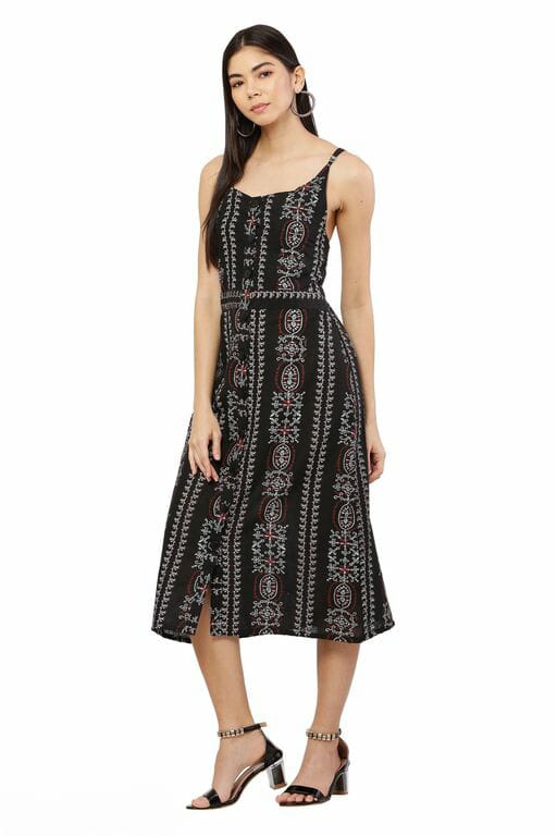PAVONINE Black Color Printed Shoulder Strap Dress For Women - Distacart
