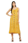 PAVONINE Mustard Color Printed Shoulder Strap Dress For Women - Distacart