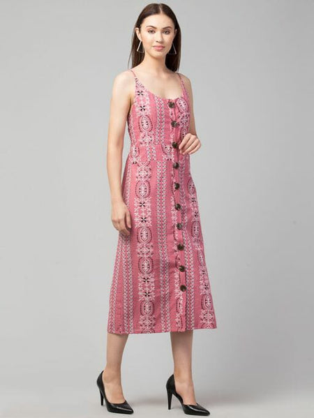 PAVONINE Peach Color Printed Shoulder Strap Dress For Women