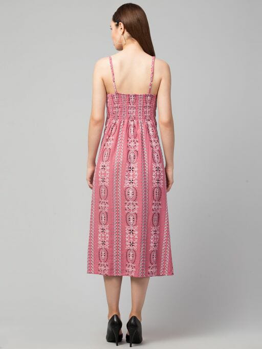 PAVONINE Peach Color Printed Shoulder Strap Dress For Women - Distacart