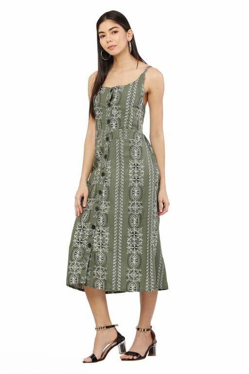 PAVONINE Pista Color Printed Shoulder Strap Dress For Women - Distacart