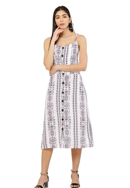 PAVONINE White Color Printed Shoulder Strap Dress For Women