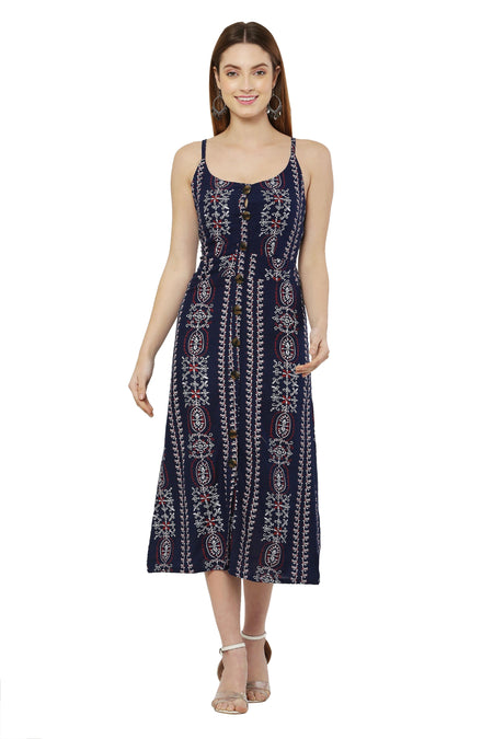 PAVONINE Navy Blue Color Printed Shoulder Strap Dress For Women