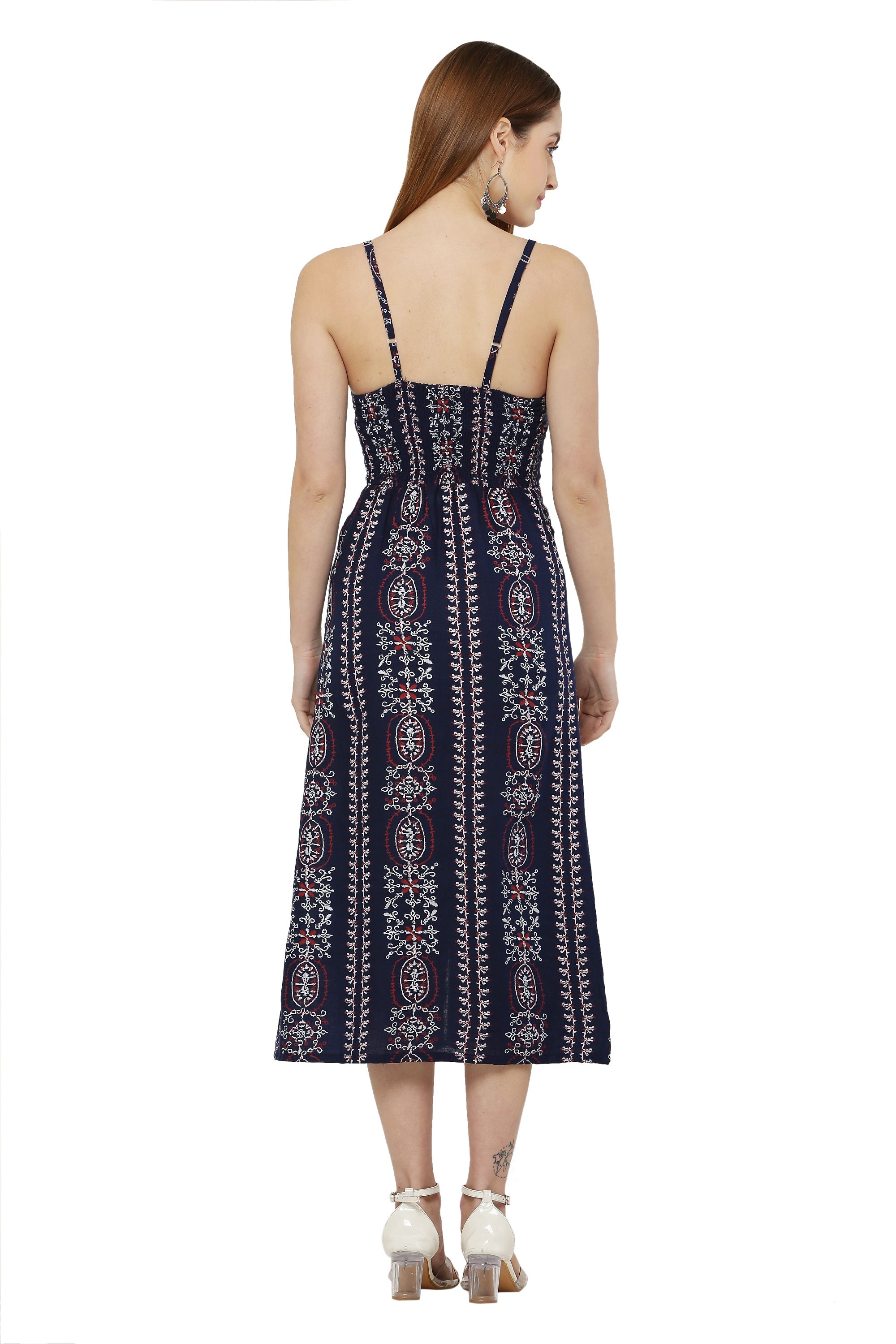 PAVONINE Navy Blue Color Printed Shoulder Strap Dress For Women - Distacart