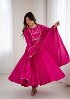 Lorenvalley Fashion Darkpink Pure Roman Chanderi Silk Yoke Fancy Handwork Beads Work Anarkali Gown Pant With Dupatta Set - Distacart