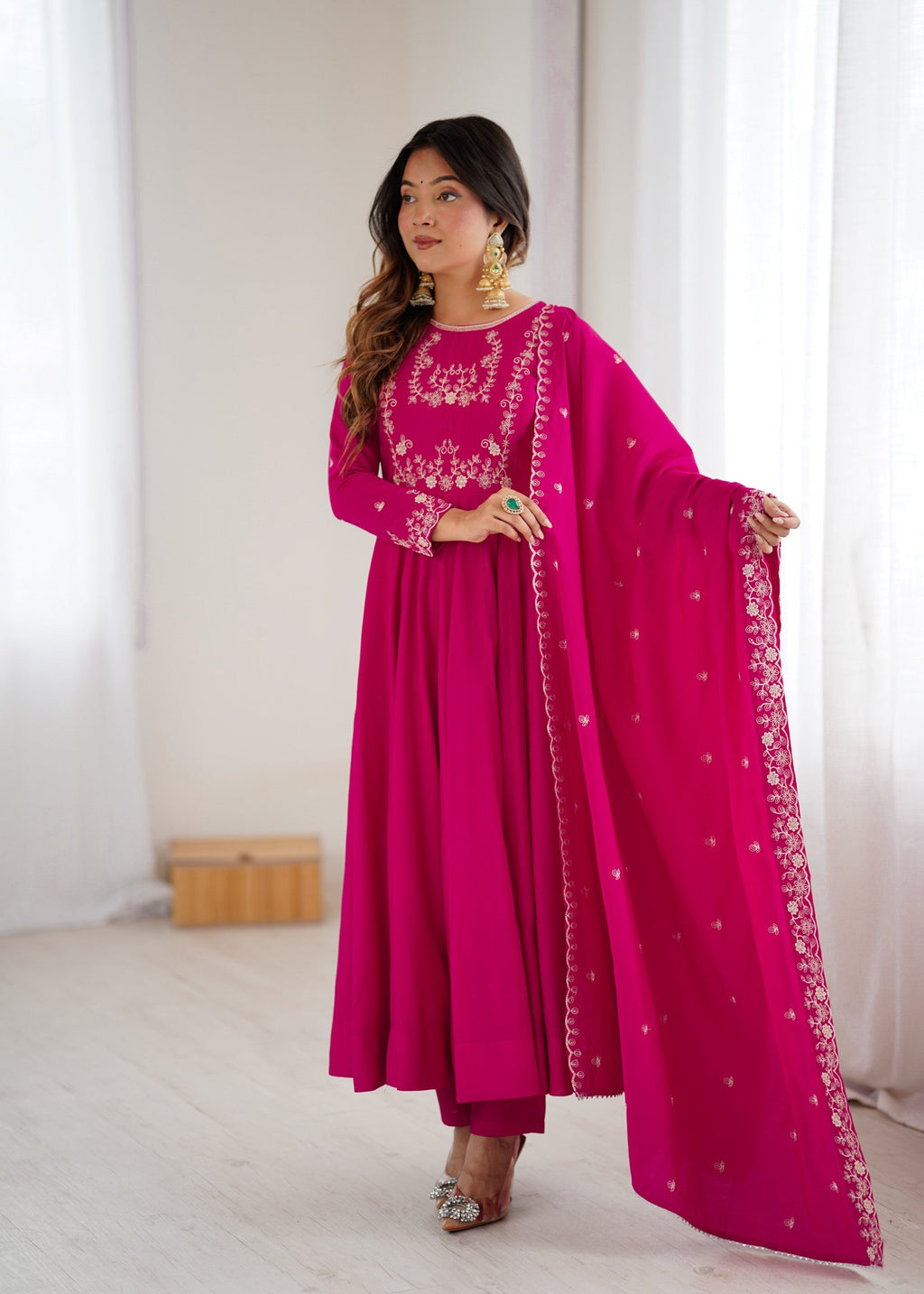 Lorenvalley Fashion Darkpink Pure Roman Chanderi Silk Yoke Fancy Handwork Beads Work Anarkali Gown Pant With Dupatta Set - Distacart