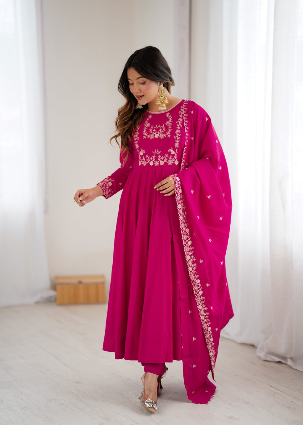 Lorenvalley Fashion Darkpink Pure Roman Chanderi Silk Yoke Fancy Handwork Beads Work Anarkali Gown Pant With Dupatta Set - Distacart