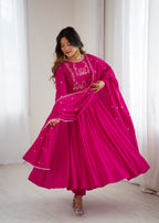 Lorenvalley Fashion Darkpink Pure Roman Chanderi Silk Yoke Fancy Handwork Beads Work Anarkali Gown Pant With Dupatta Set - Distacart