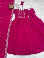 Lorenvalley Fashion Darkpink Pure Roman Chanderi Silk Yoke Fancy Handwork Beads Work Anarkali Gown Pant With Dupatta Set - Distacart