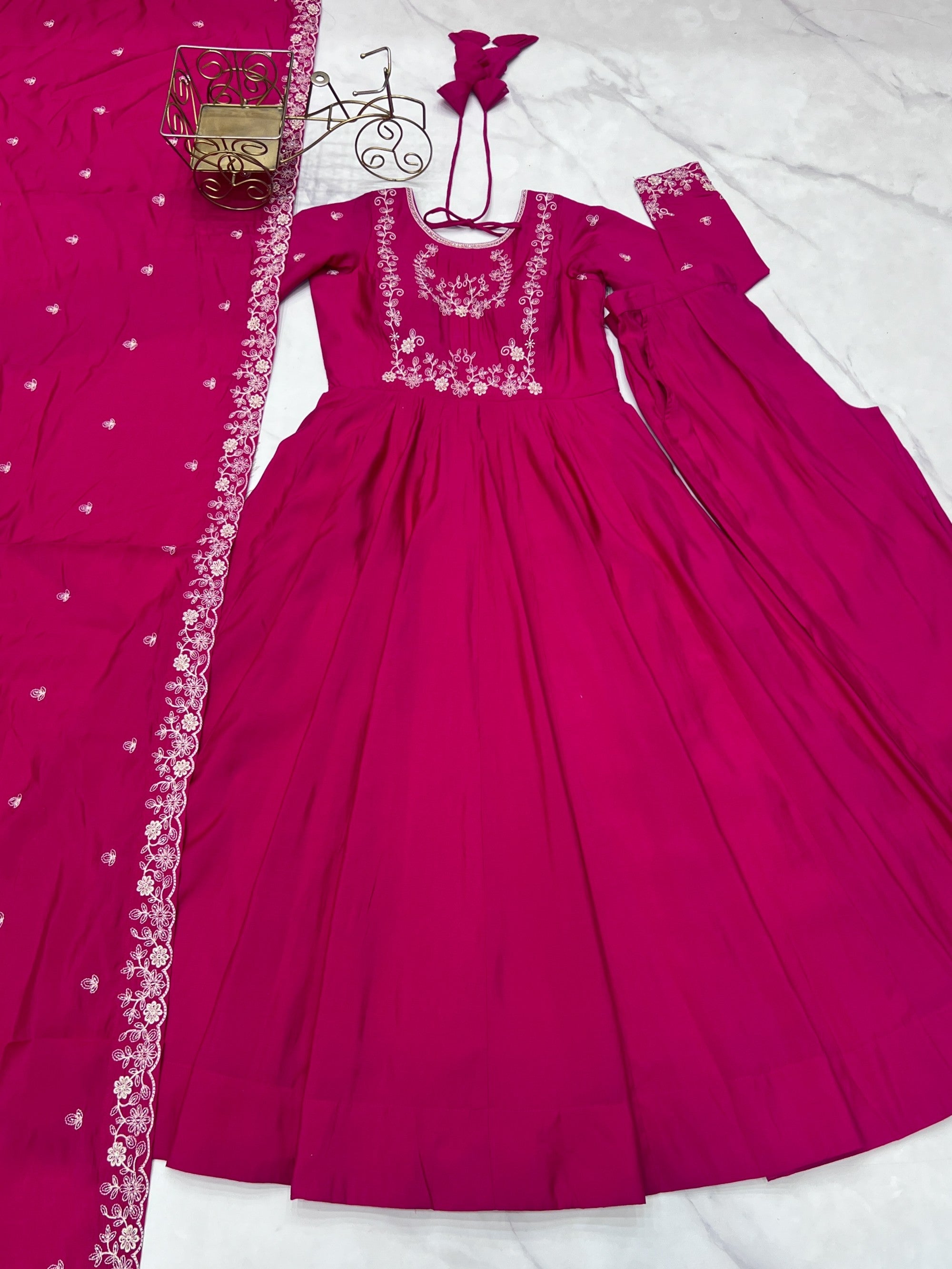 Lorenvalley Fashion Darkpink Pure Roman Chanderi Silk Yoke Fancy Handwork Beads Work Anarkali Gown Pant With Dupatta Set - Distacart