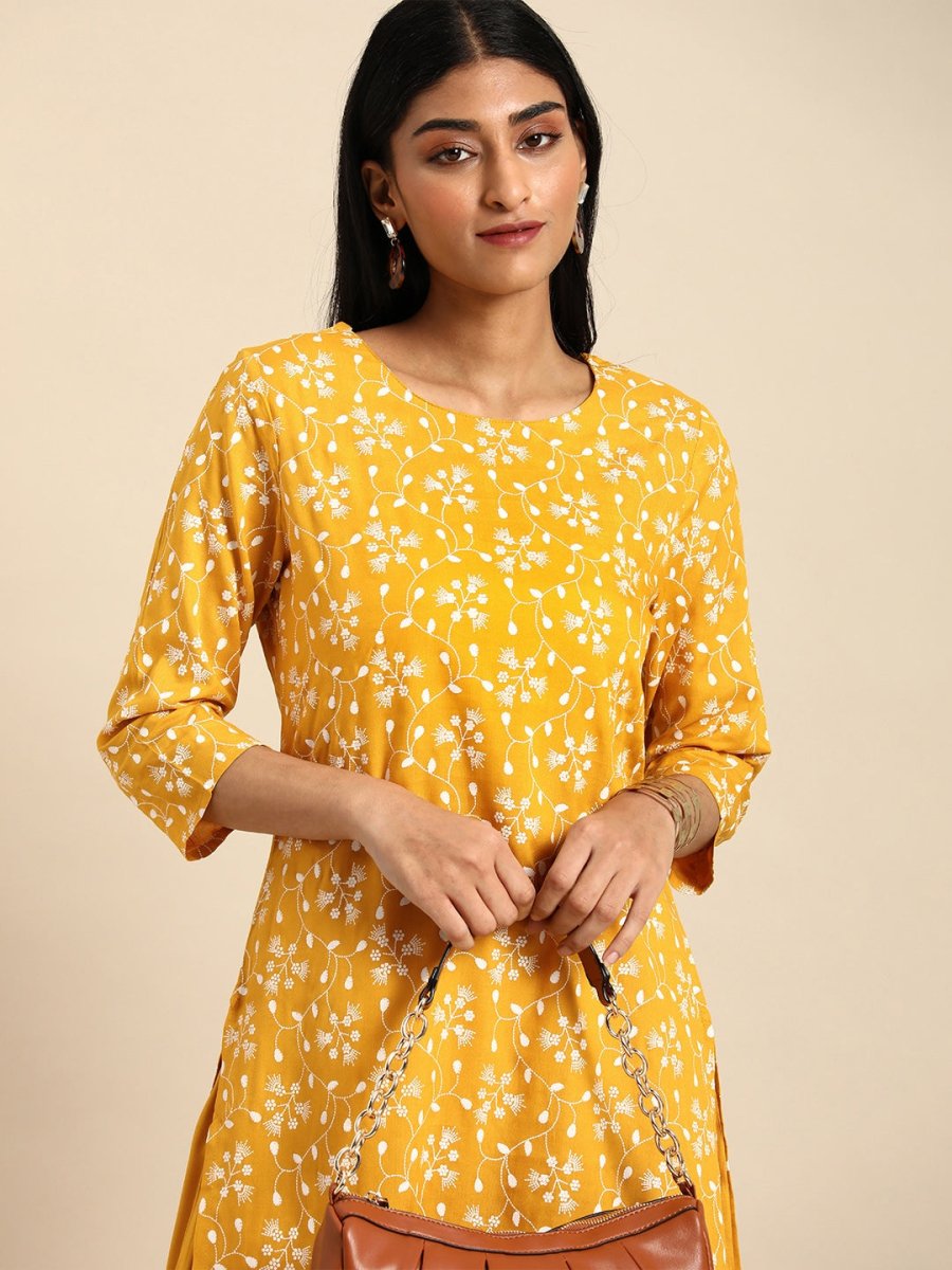 All About You Women Yellow Floral Printed Pure Cotton Kurta with Palazzos