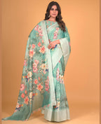 Sea Green Cotton Silk Floral Printed Saree With Unstitched Blouse Piece - Akshita