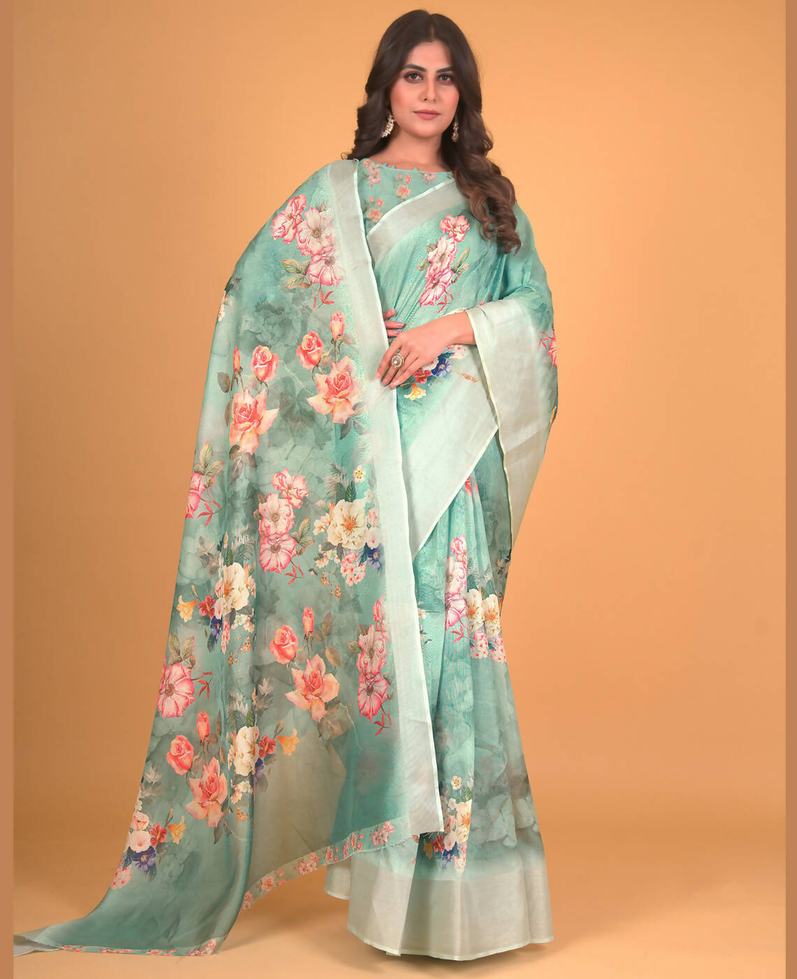 Sea Green Cotton Silk Floral Printed Saree With Unstitched Blouse Piece - Akshita