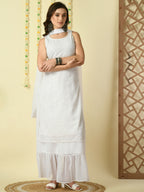 Myshka Women's White Georgette Kurta & Skirt With Dupatta Party Sets