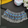 Tehzeeb Creations Women's Silver Colour Oxidised Necklace Set With Blue Colour Meenakari Work