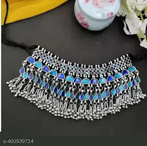 Tehzeeb Creations Women's Silver Colour Oxidised Necklace Set With Blue Colour Meenakari Work