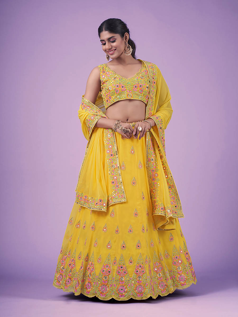 Myra Yellow Georgette Embroidered Designer Lehenga