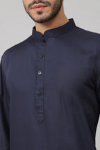 Giza Cotton Navy Blue Plain Kurta by Hilo Design