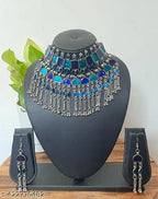 Tehzeeb Creations Women's Silver Colour Oxidised Necklace Set With Blue Colour Meenakari Work