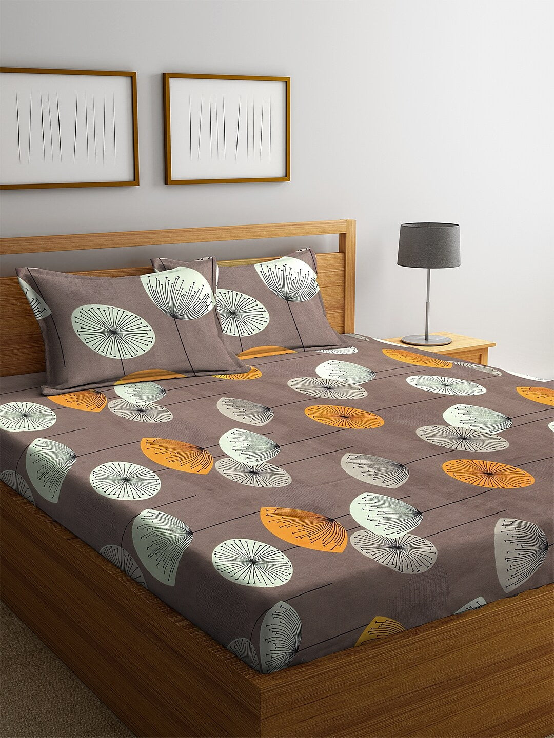 KLOTTHE Brown & Yellow Floral 210 TC Cotton Bedsheet with Pillow Cover - Distacart