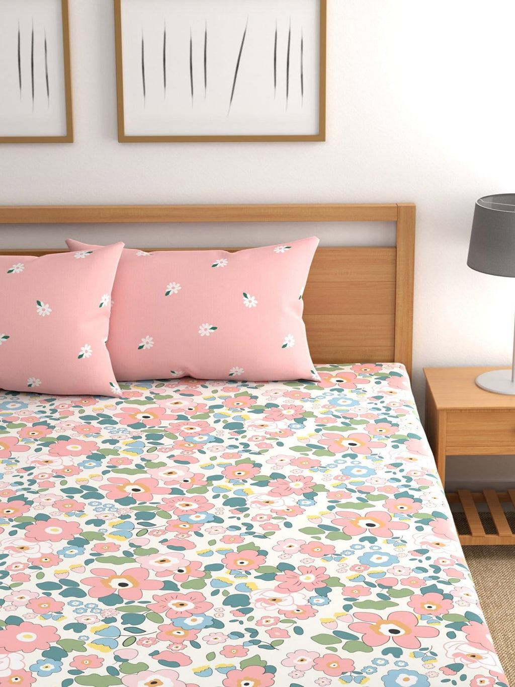CHHAVI INDIA Pink & Blue Floral 210 TC Bedsheet with Pillow Covers - Distacart