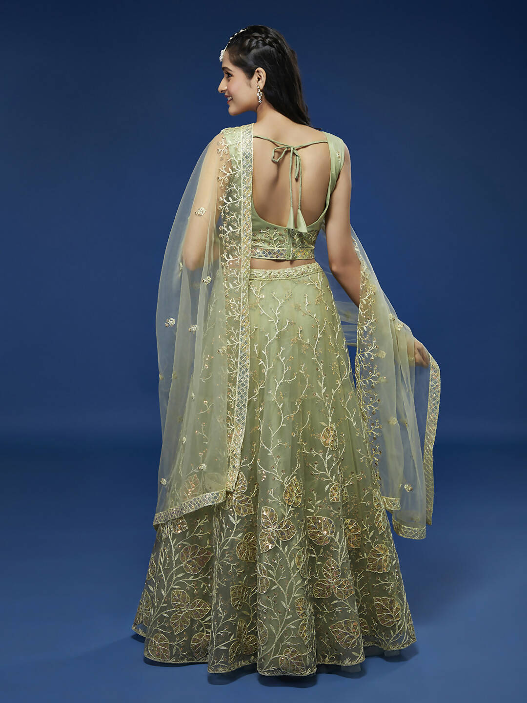 House of Panchhi Pista Net Sequinse Work Lehenga & Blouse, Dupatta