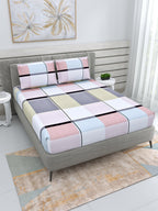 DREAM WEAVERZ Pink & Grey Geometric Glazed Cotton 220 TC King Bedsheet with 2 Pillow Covers