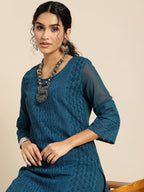 Sangria Women Teal Blue Ethnic Motifs Chikankari Kurta with Palazzos