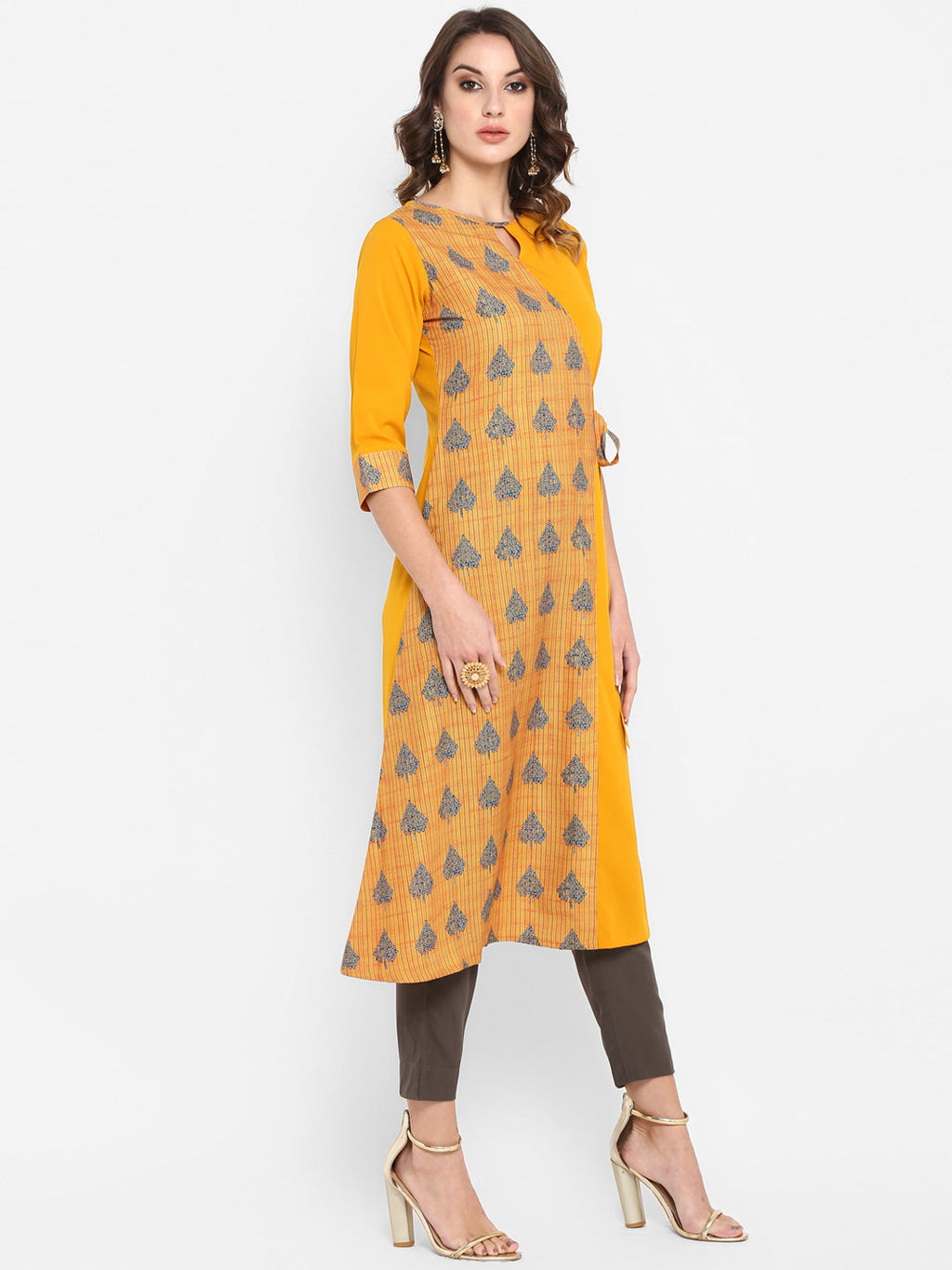Janasya Mustard Yellow & Blue Printed A-Line Kurta - Distacart
