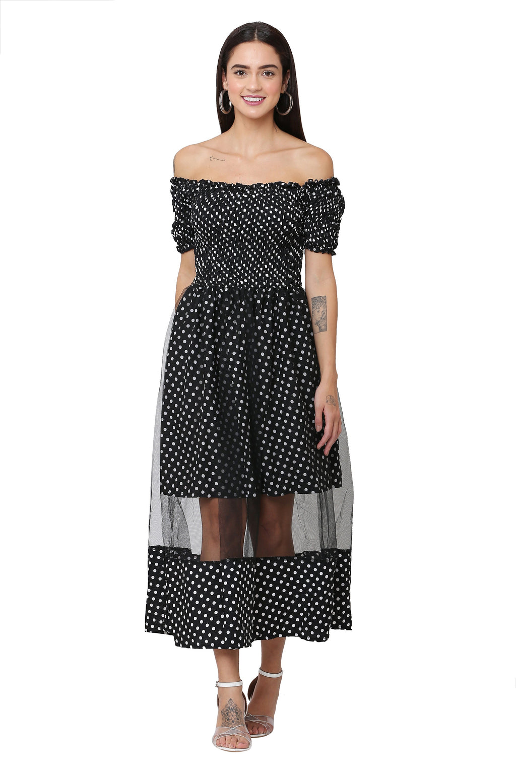 PAVONINE Black Color Polka Dot Net Kansai Dress For Women - Distacart