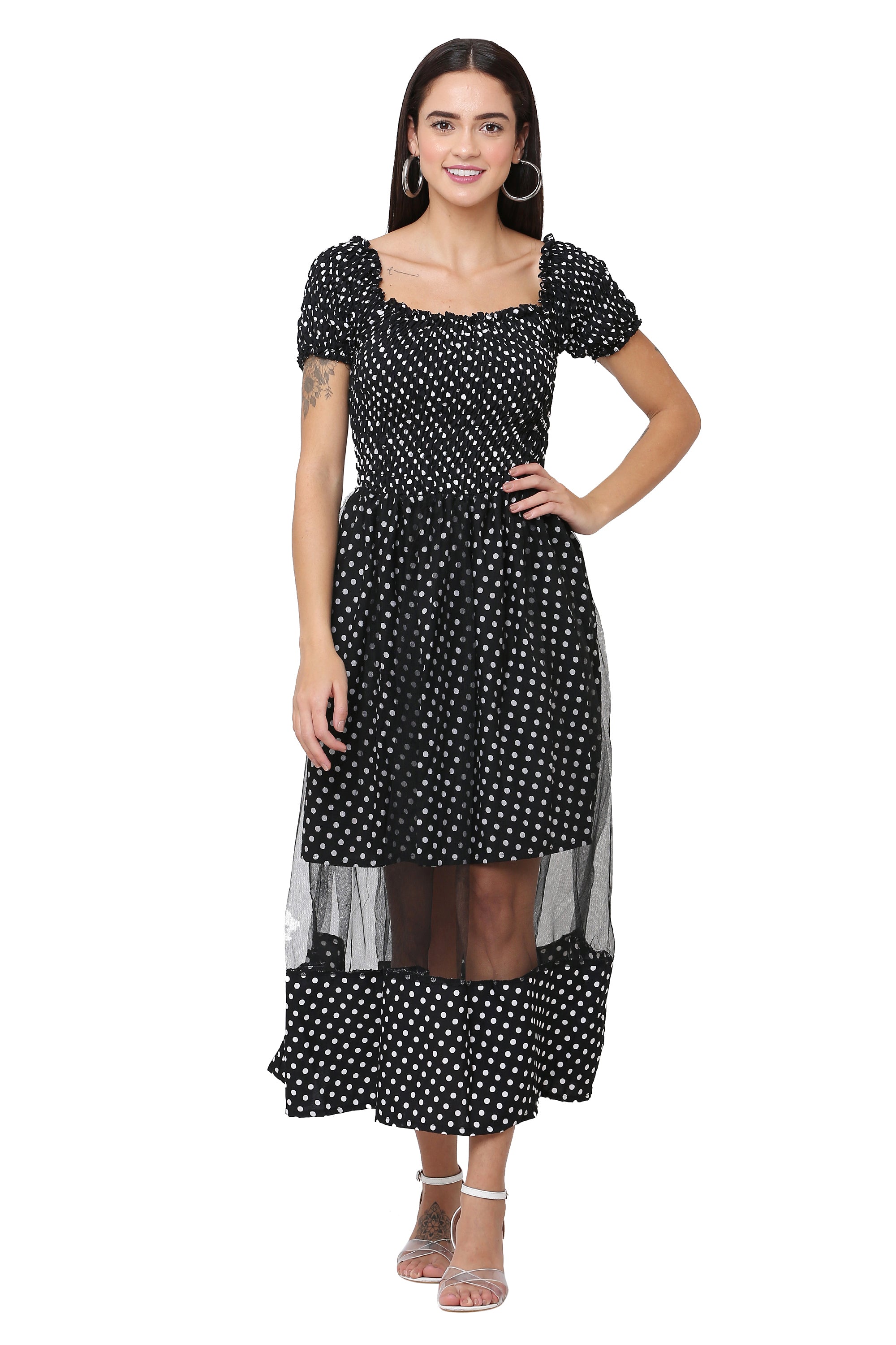 PAVONINE Black Color Polka Dot Net Kansai Dress For Women - Distacart