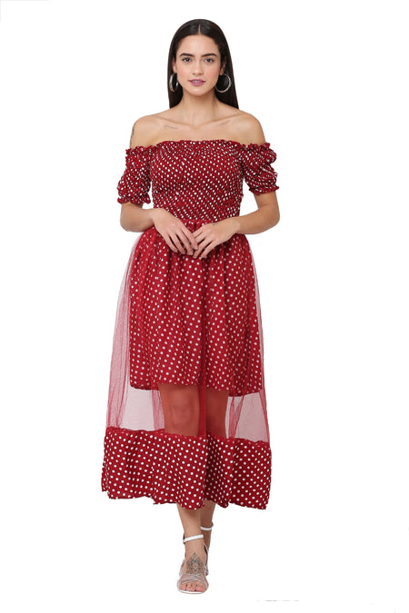 PAVONINE Maroon Color Polka Dot Net Kansai Dress For Women