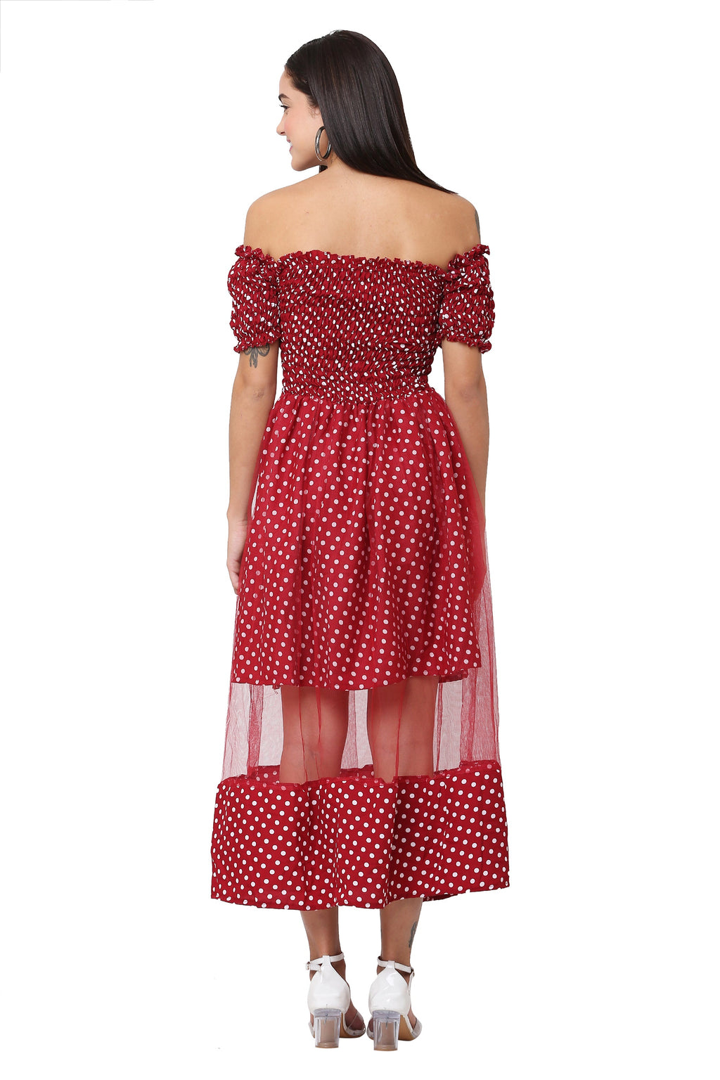 PAVONINE Maroon Color Polka Dot Net Kansai Dress For Women - Distacart
