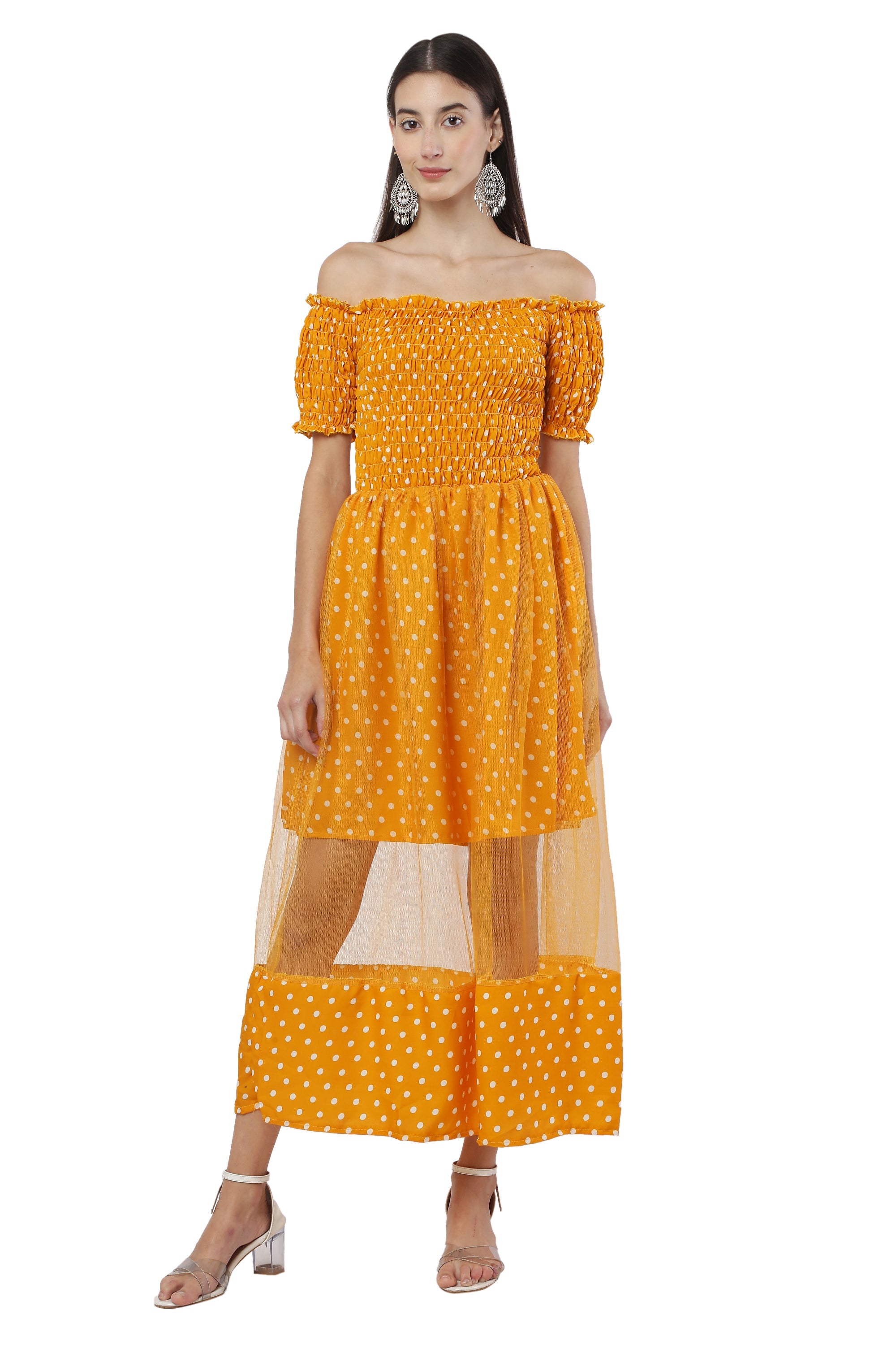 PAVONINE Mustard Color Polka Dot Net Kansai Dress For Women - Distacart