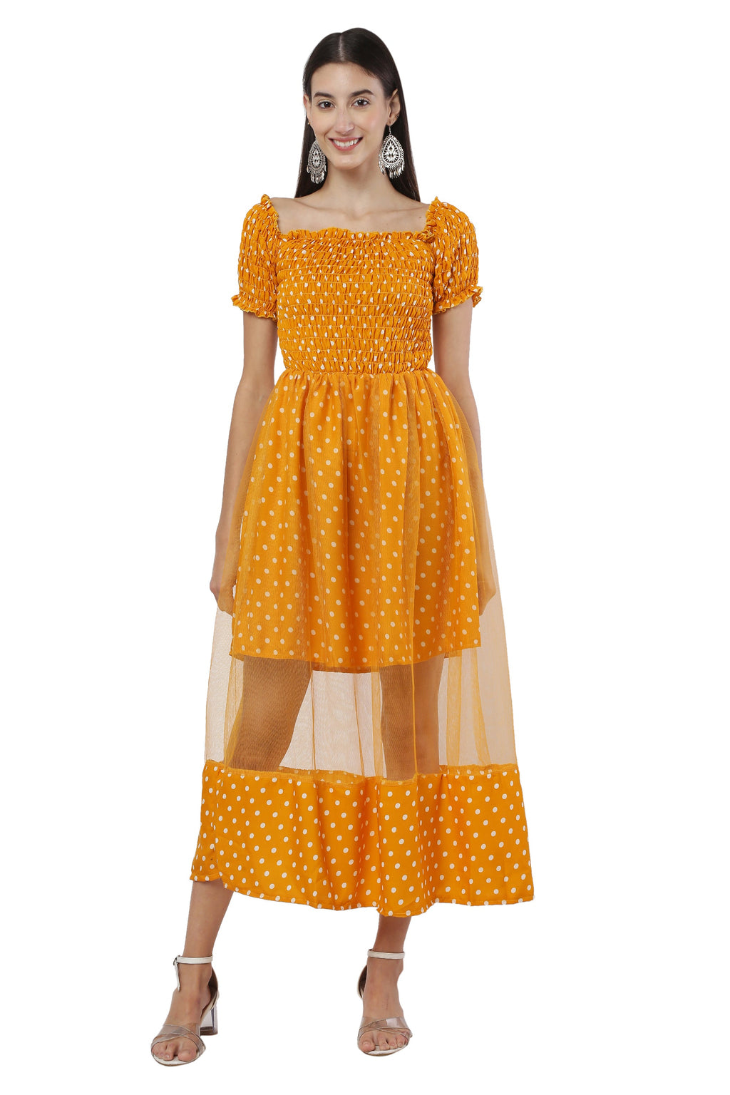 PAVONINE Mustard Color Polka Dot Net Kansai Dress For Women - Distacart