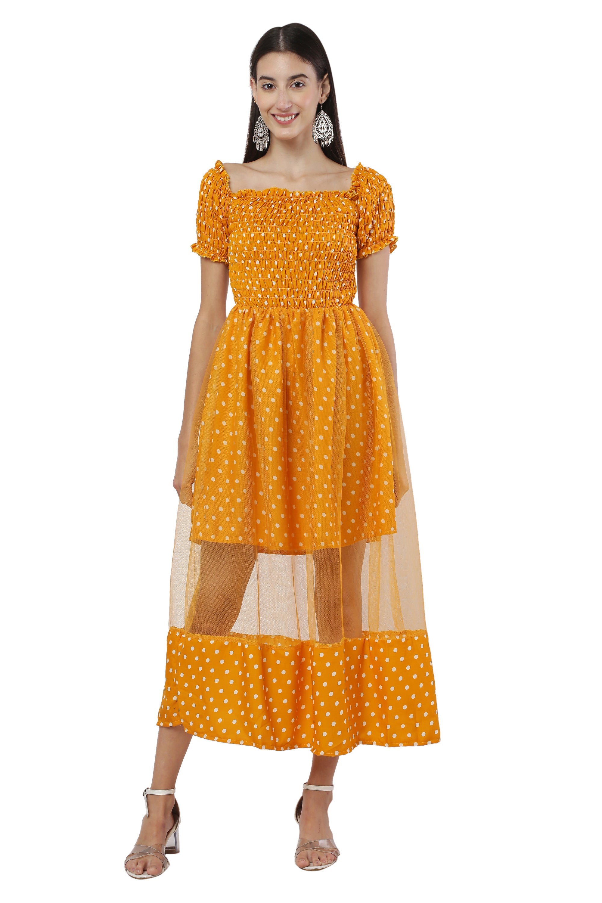 PAVONINE Mustard Color Polka Dot Net Kansai Dress For Women - Distacart
