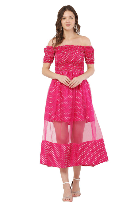 PAVONINE Rani Color Polka Dot Net Kansai Dress For Women