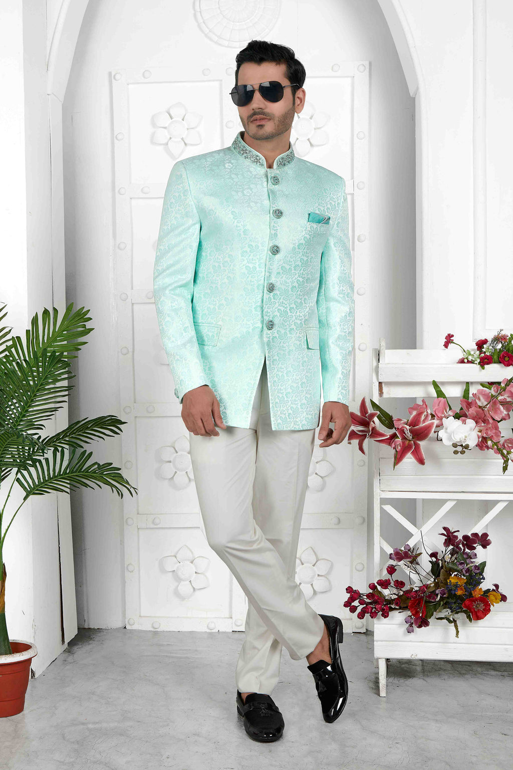 Raivat Ethnic Jacquard Silk Embroidery Work Jodhpuri In Firozi Green Colour