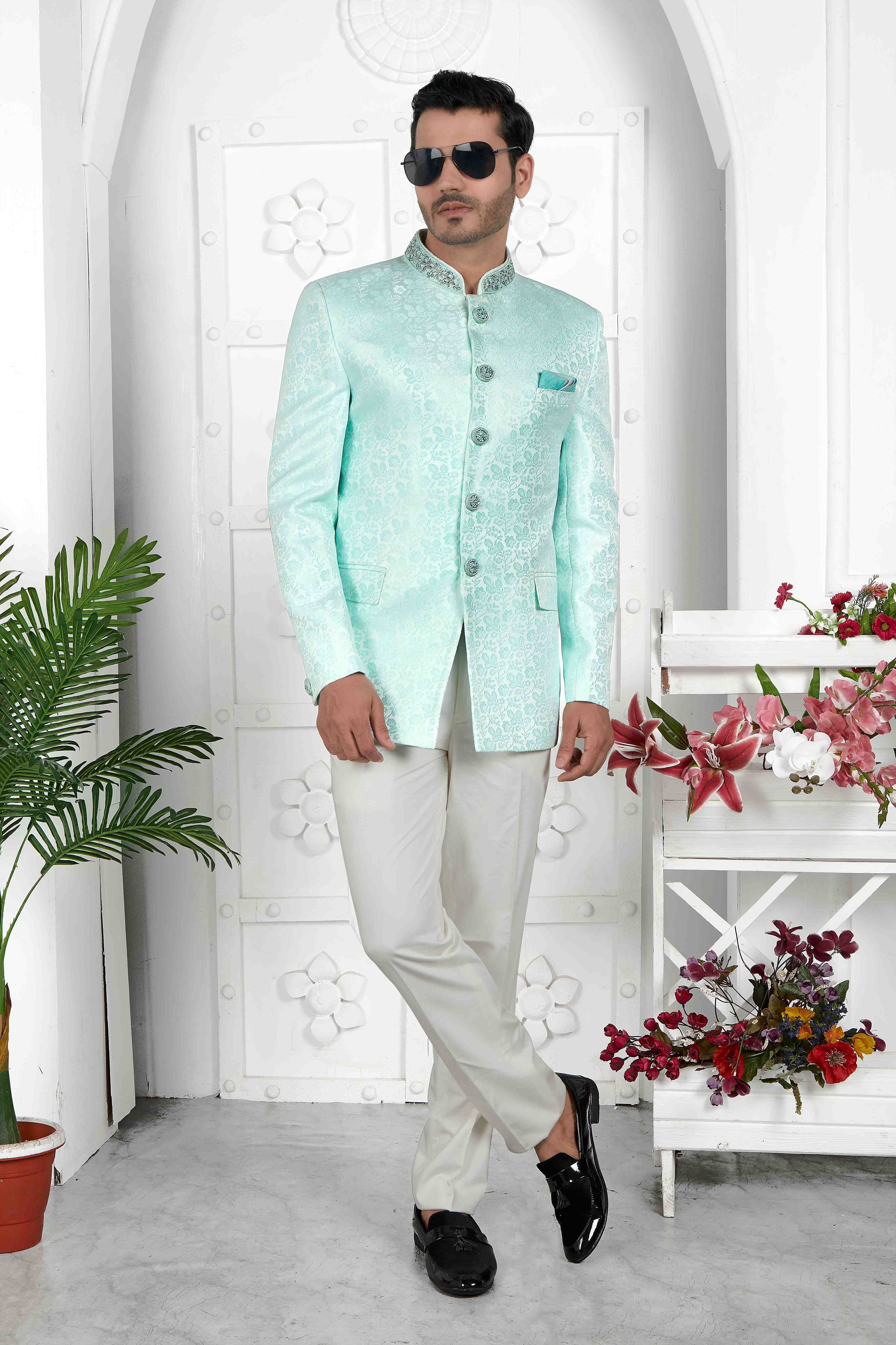 Raivat Ethnic Jacquard Silk Embroidery Work Jodhpuri In Firozi Green Colour