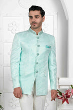 Raivat Ethnic Jacquard Silk Embroidery Work Jodhpuri In Firozi Green Colour